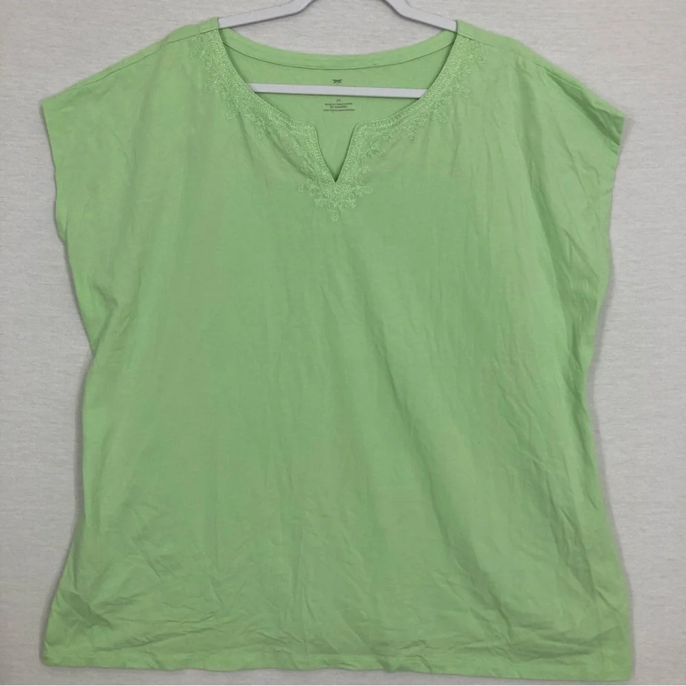 Talbots Bright Green V Neck Embroidered Cotton Stretch Pullover Top 2X
